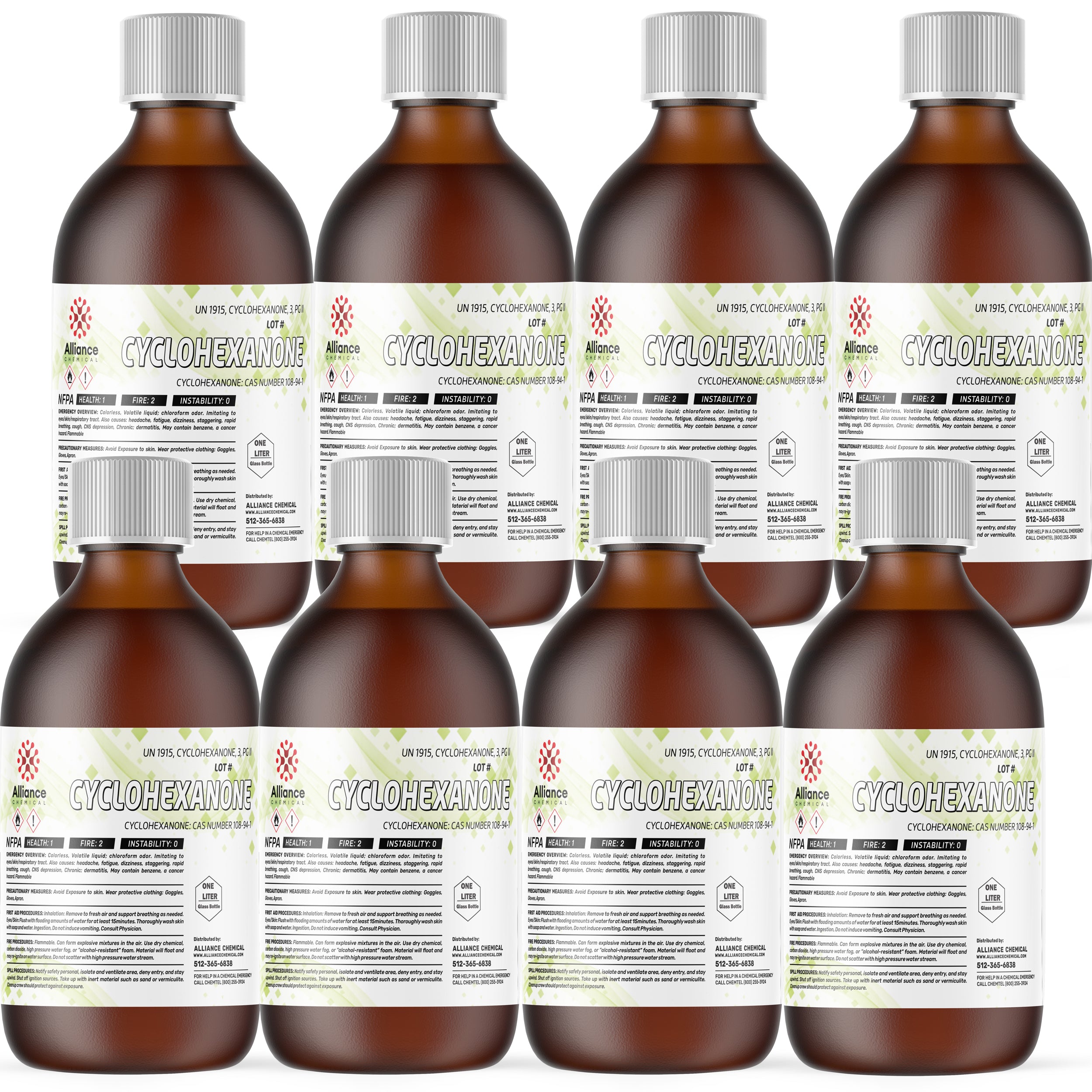 8x1L amber glass bottles of ACS-grade Cyclohexanone by Alliance Chemical, labeled with UN1915 hazard symbols and NFPA diamond warnings.